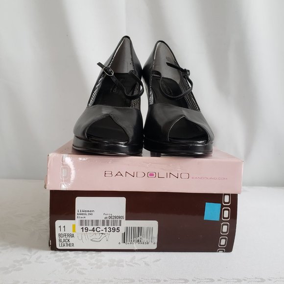 New BANDOLINO Black leather platform peep toe Mary Jane strap pumps Plaid lining - Picture 9 of 10